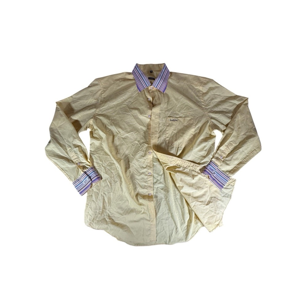 Paul Smith Dress Shirt Adult XL Size 17.5 Yellow Solid Barrel‎ Cuff Button Down